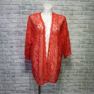 Haptics by Holly Harper Plus Size 1X Neon Coral Lace Cover Up Cardigan‎ Popover